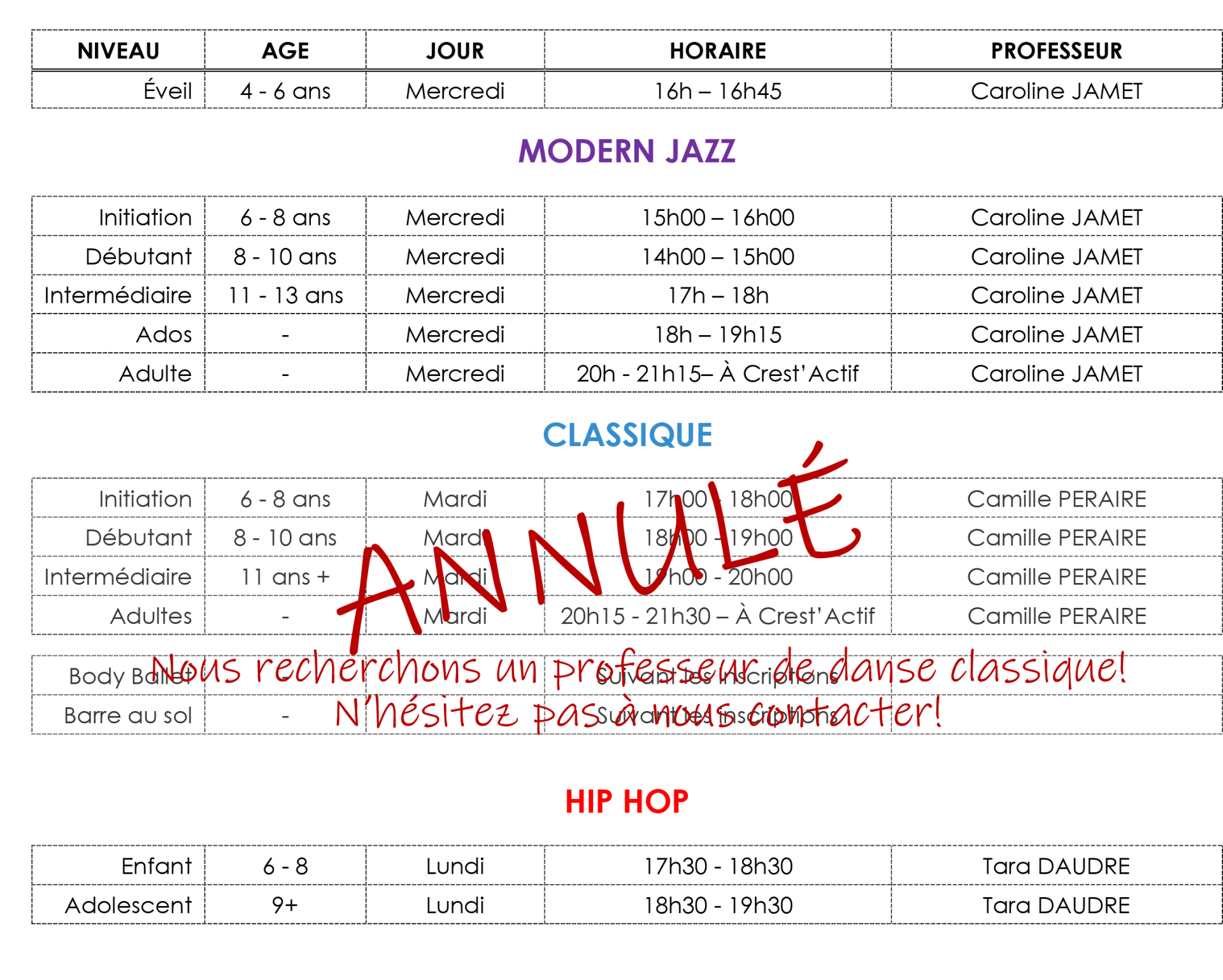 Horaire danse 2024 2025